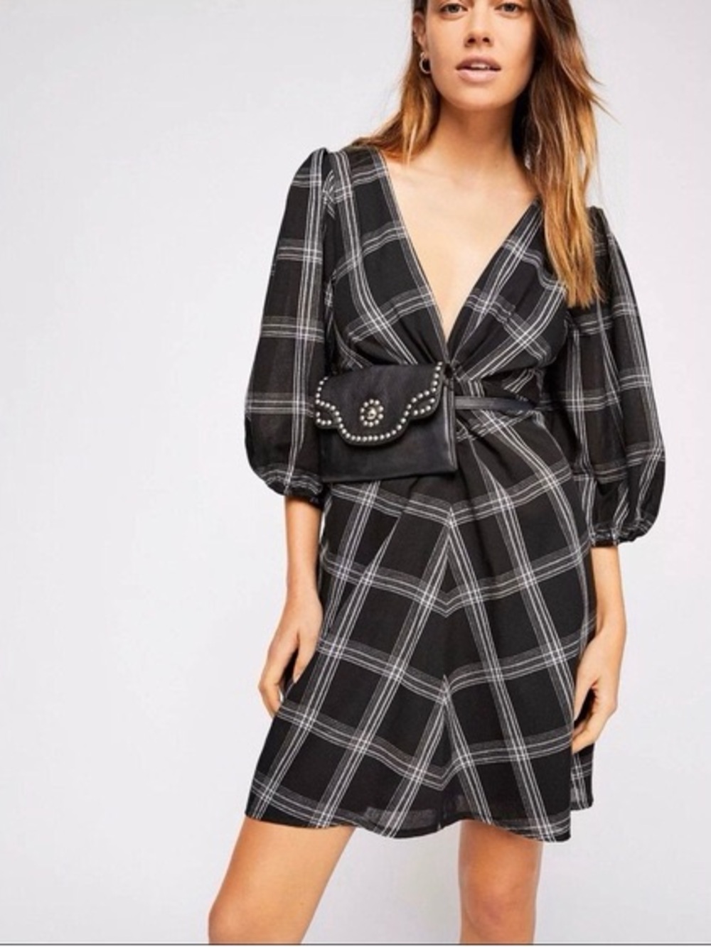 Free People Plaid Twist Front Mini Dress Dark Gray White Size 8